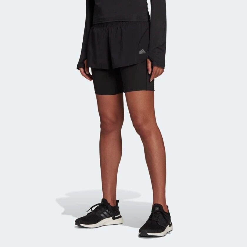 adidas Run Icons Two-In-One Womens Running Shorts Inner Compression Pocket Black